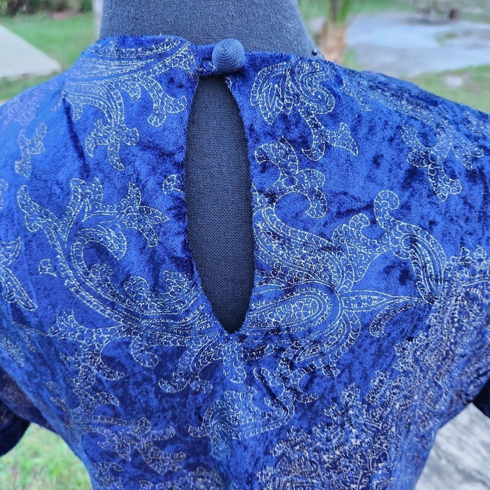 VTG Crush Velvet Maxi Dress Royal Blue/Purple GOLD DESIGN Long whimsigoth Shift - Picture 7 of 12